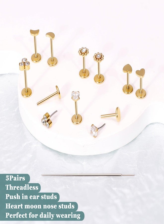 LOREMOW 20G 5Pairs 316L Stainless Steel Threadless Stud Earring for Women Hypoallergenic Star Moon Push in Nose Studs Threadless Flat Back Earring Cartilage Helix Tragus Conch Labret Stud Piercing G - Image 3